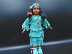 7'' BROWN HARD PLASTIC NATIVE DOLL TURQUOISE SUEDE  BEADED OUTFIT, MOCCASINS